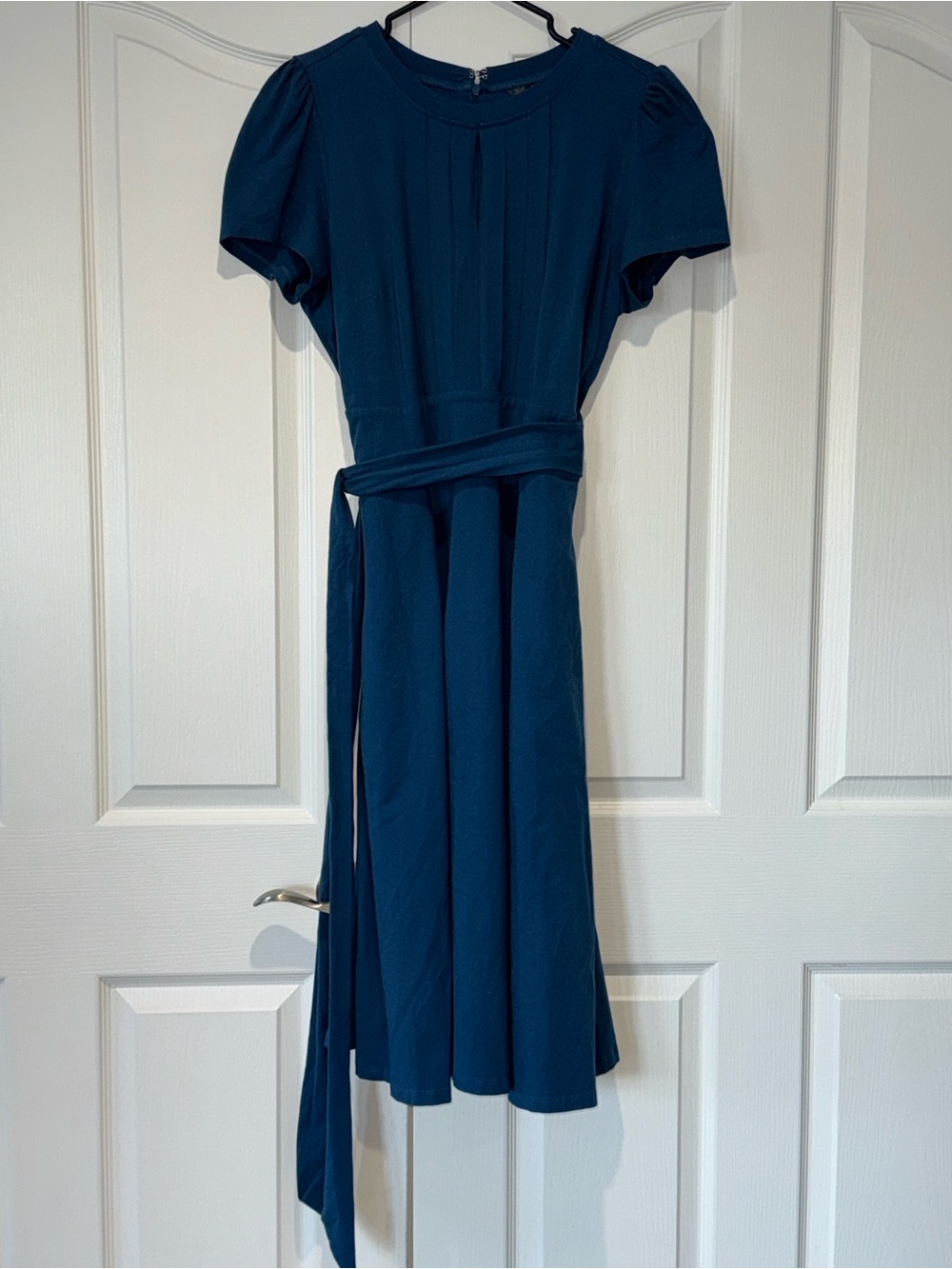 eshakti Teal Short-Sleeve Belted Midi Dress with pockets
